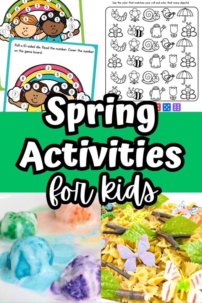 Collage featuring rainbow and spring themed printables, rainbow science experiment, and a butterfly sensory bin. White text on green in the middle says Spring Activities for Kids.