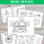 Black and white text at the top says Free Printable Summer Mini Book on yellow and green background. Preview of the activity pages overlapping each other.