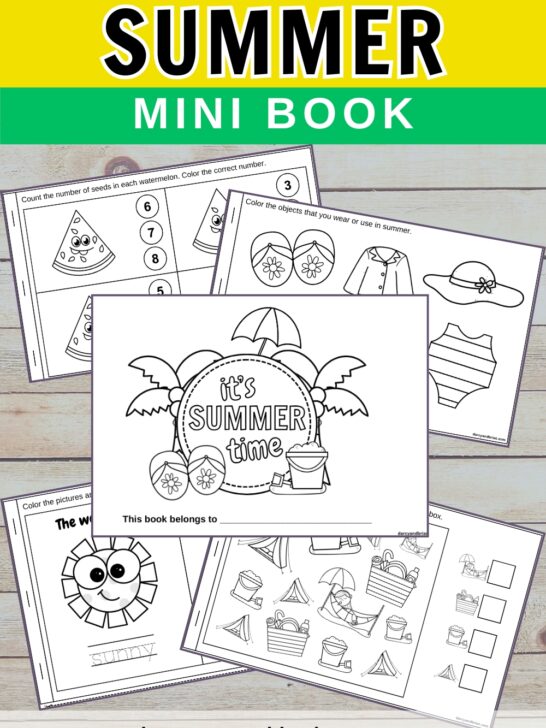 Black and white text at the top says Free Printable Summer Mini Book on yellow and green background. Preview of the activity pages overlapping each other.