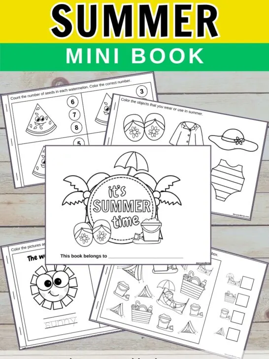 Black and white text at the top says Free Printable Summer Mini Book on yellow and green background. Preview of the activity pages overlapping each other.