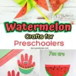 Image collage showing cute watermelon craft ideas such as a pinwheel, handprint craft, and cupcake liner craft.