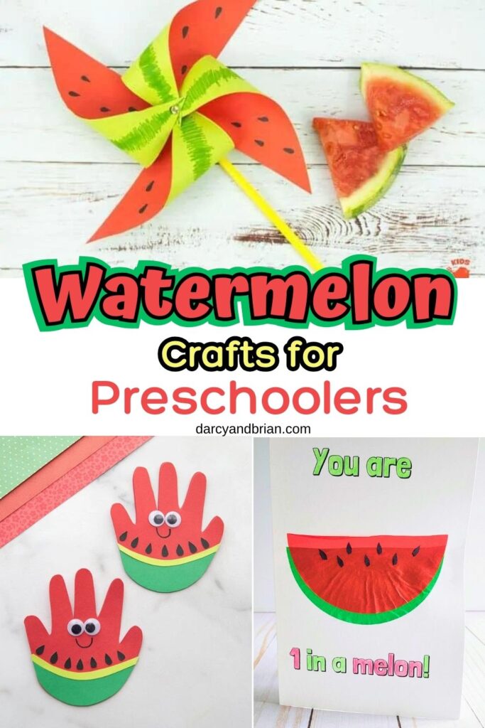 Image collage showing cute watermelon craft ideas such as a pinwheel, handprint craft, and cupcake liner craft.