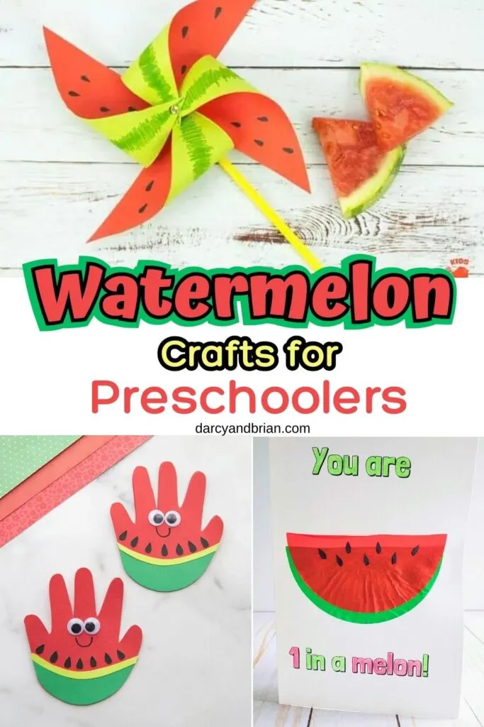 Image collage showing cute watermelon craft ideas such as a pinwheel, handprint craft, and cupcake liner craft.