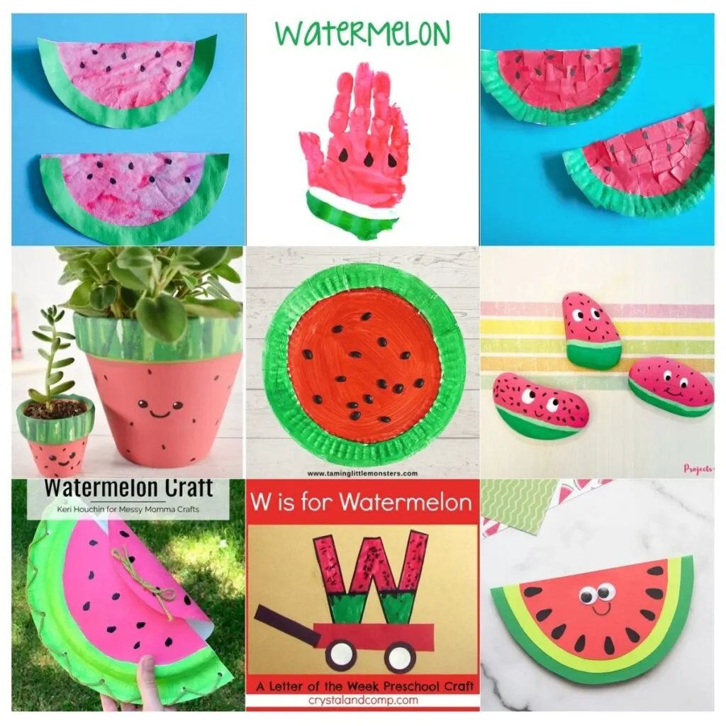 Nine different preschool crafts with a watermelon theme.