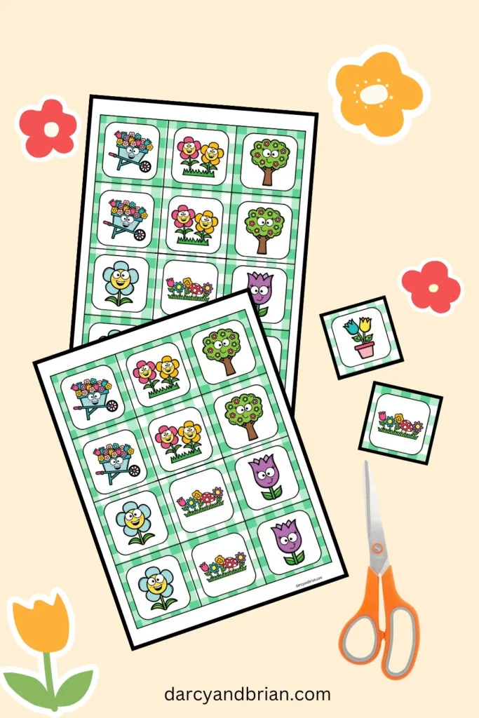 Preview of two pages of flower game cards for a matching game. Two cards are next to them and scissors. Background is light orange with cute red and yellow flowers decorating the image.