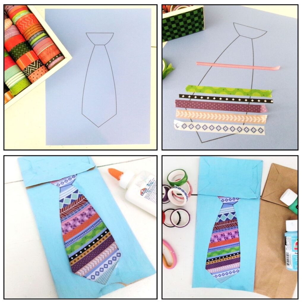 Square photo with step by step photos showing the tie template printed on blue paper. Then adding strips of washi tape across it. Then gluing the tie to the light blue painted bag. And then the finished project next to a plain brown bag and supplies.
