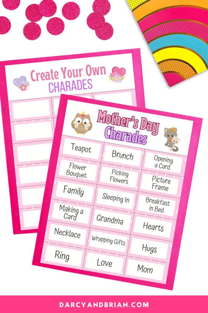 Sheet of mom themed acting prompts overlapping a sheet of blank cards. Large round pink confetti along the top next to a decorative rainbow paper.