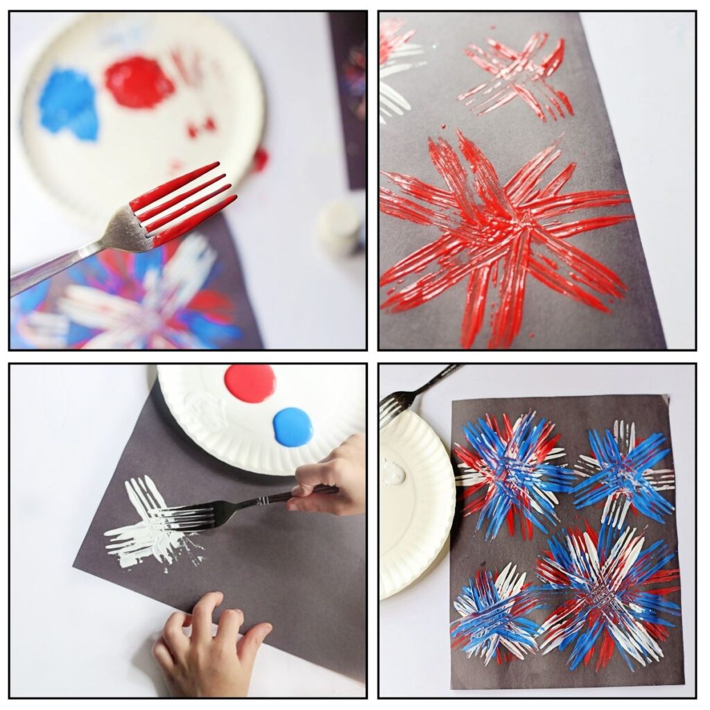 Collage of different steps in the painting process. Shows the back of a fork covered in red paint, then the red paint on the black paper in a starburst pattern. Shows a kids' hands using a fork to apply white paint to the paper. And final image shows the completed artwork.