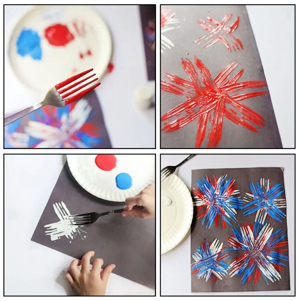 Collage of different steps in the painting process. Shows the back of a fork covered in red paint, then the red paint on the black paper in a starburst pattern. Shows a kids' hands using a fork to apply white paint to the paper. And final image shows the completed artwork.