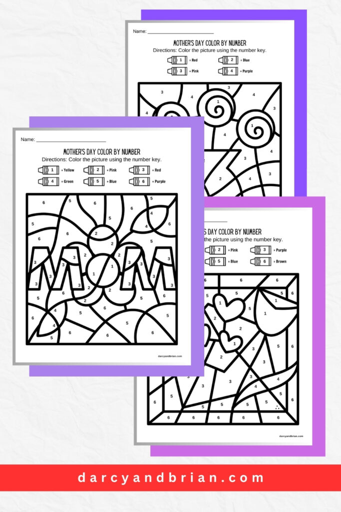 Preview of each Mother's Day color by number design on a pink or purple outline.