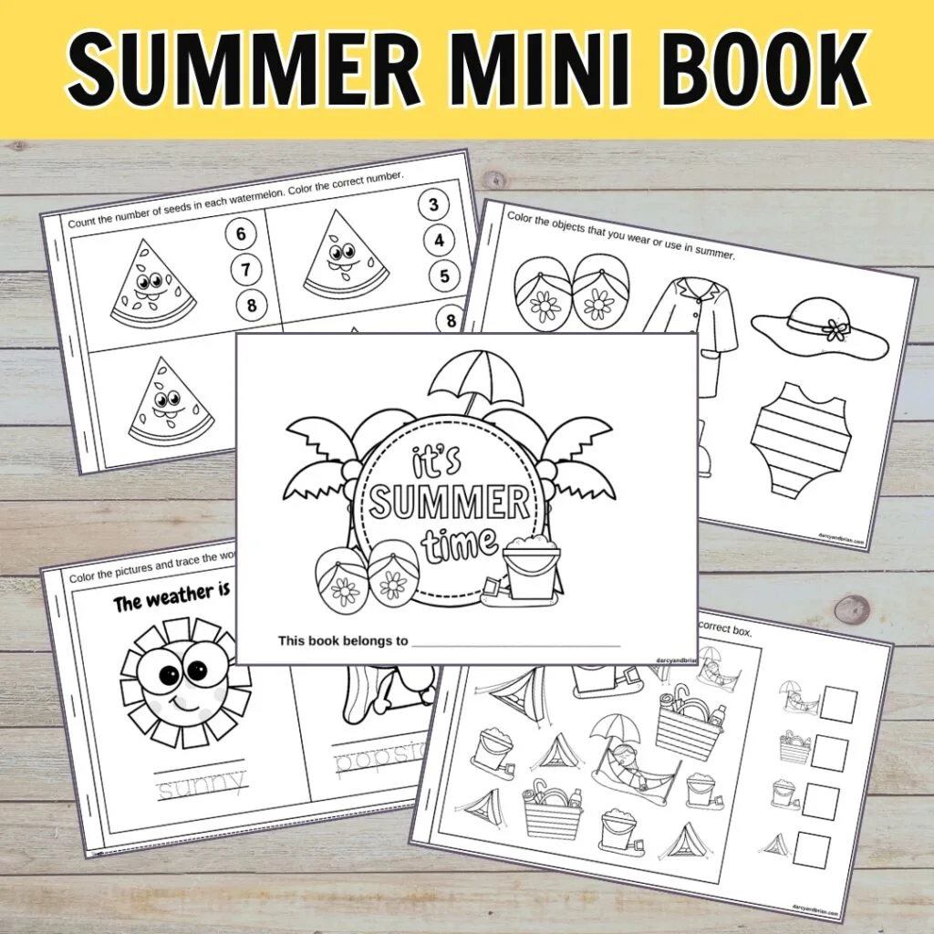 Black text on yellow at the top says Summer Mini Book. 5 mockup pages overlapping each other on a light wood background.