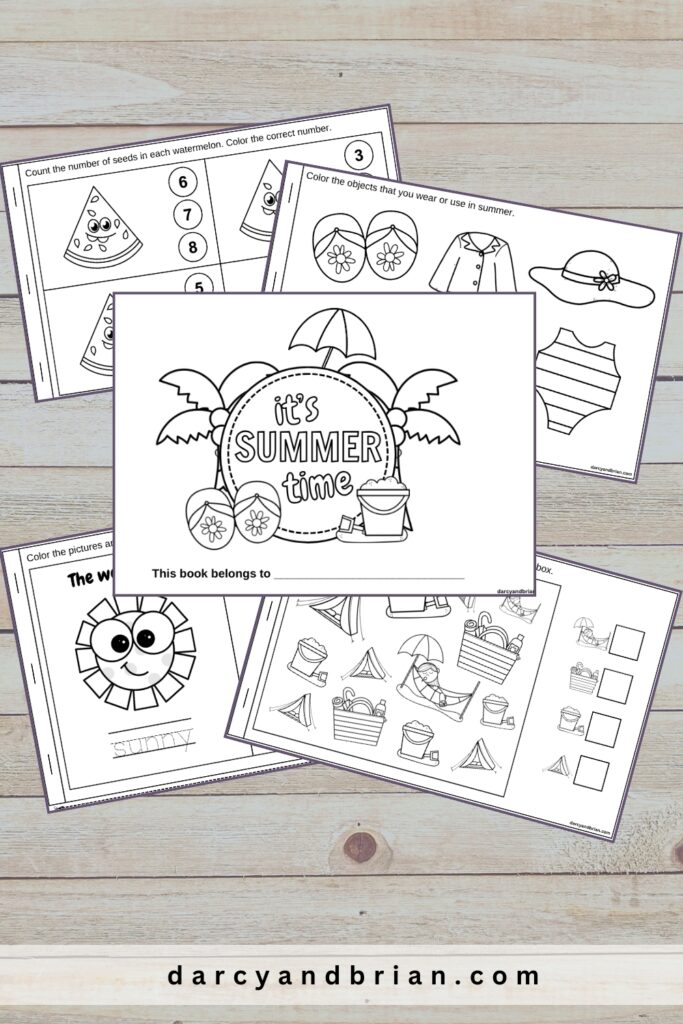 Summer themed mini activity pages spread out and slightly overlapping each other on a light wood table background.