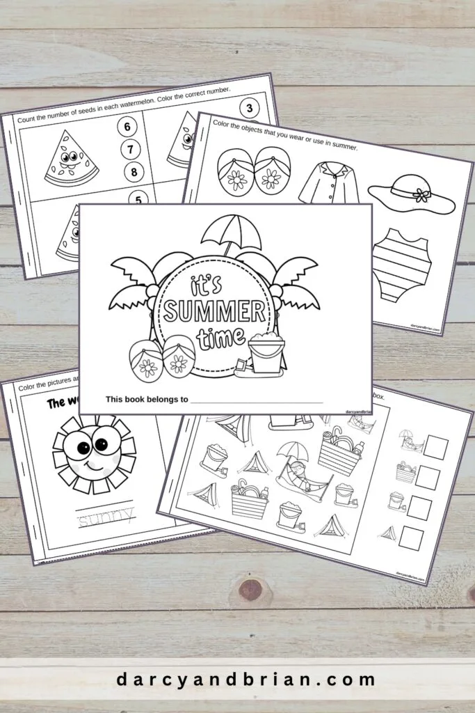 Summer themed mini activity pages spread out and slightly overlapping each other on a light wood table background.