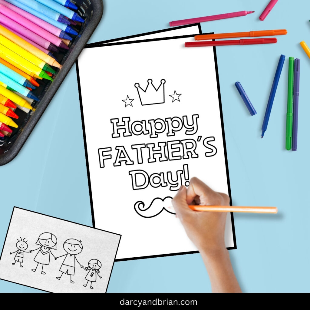 Mockup of Happy Father's Day card with text outlined for kids to color in. Kid's hand holding a pencil over the mustache illustration.