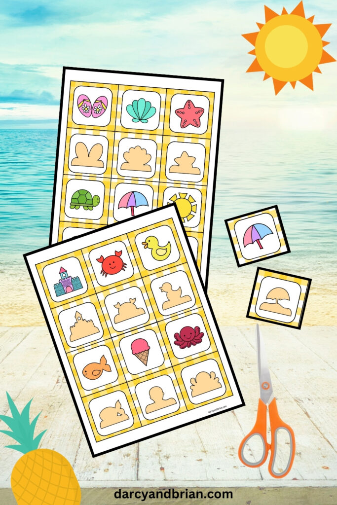 Two pages of game cards featuring beach and summer items and sandcastle shape versions of them. Two cards next to the sheets and a pair of scissors on a beach themed background.