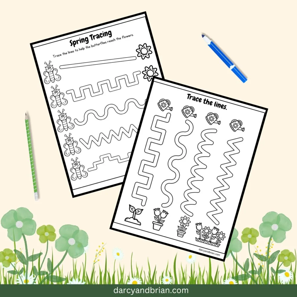 Mockup with two tracing pages with different types of line paths to draw in. A pencil and marker lay next to the pages on a spring themed background.
