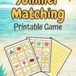 Light orange text on ocean beach background says Summer Matching. Preview of printable cards for game overlapping.