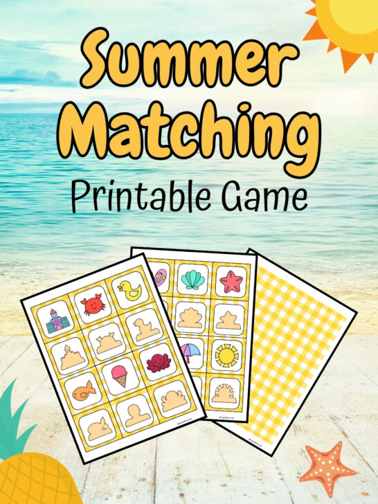 Light orange text on ocean beach background says Summer Matching. Preview of printable cards for game overlapping.