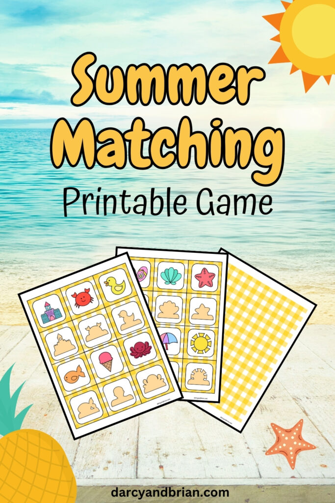 Light orange text on ocean beach background says Summer Matching. Preview of printable cards for game overlapping.