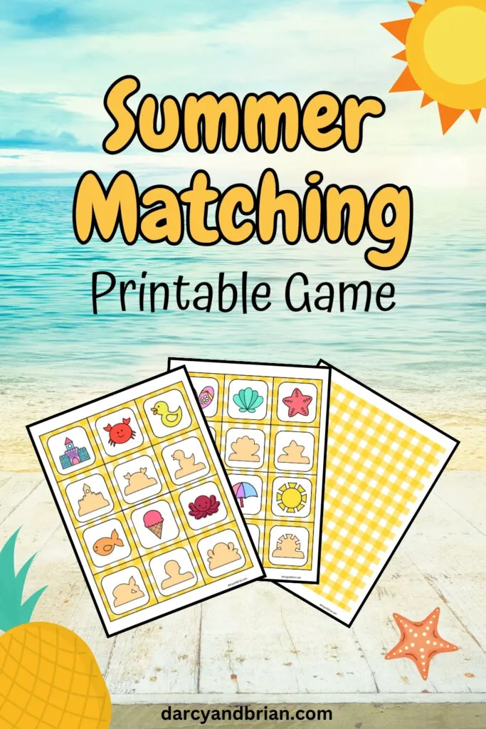 Light orange text on ocean beach background says Summer Matching. Preview of printable cards for game overlapping.
