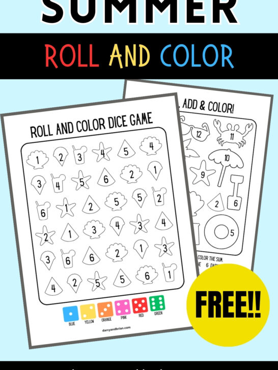 Preview of two pages of preschool math activity with summer themed items. Text at top says Summer Roll and Color. Lower corner says FREE in a yellow circle.
