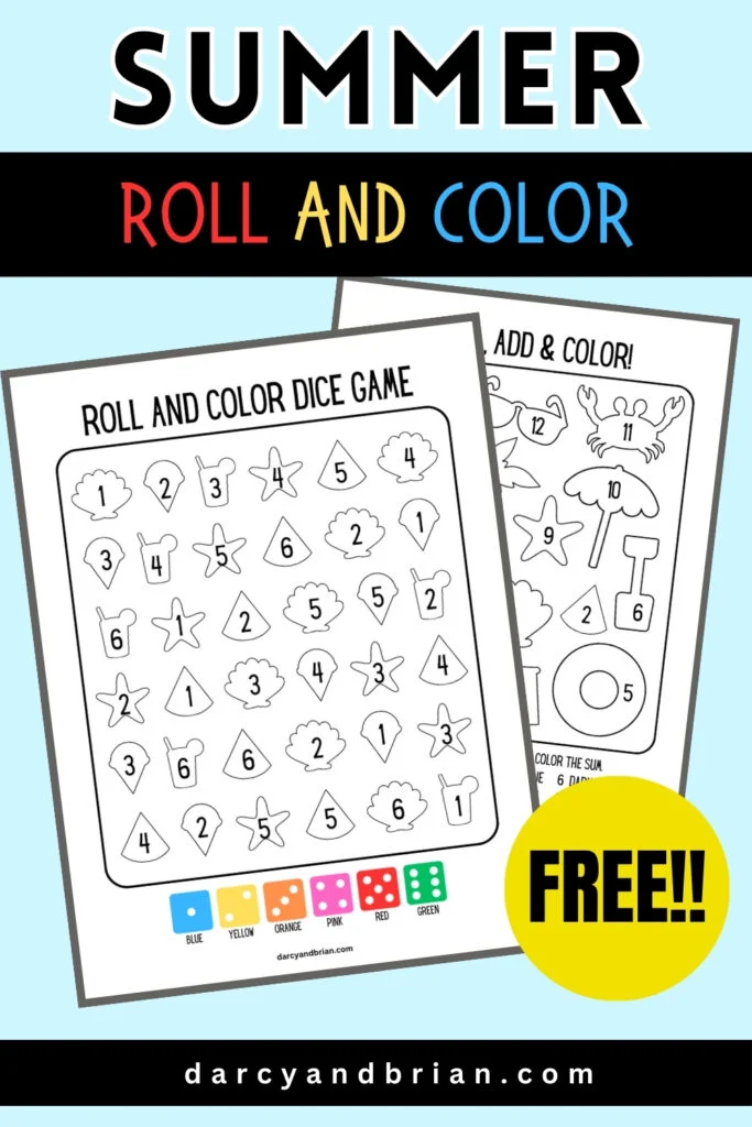 Preview of two pages of preschool math activity with summer themed items. Text at top says Summer Roll and Color. Lower corner says FREE in a yellow circle.