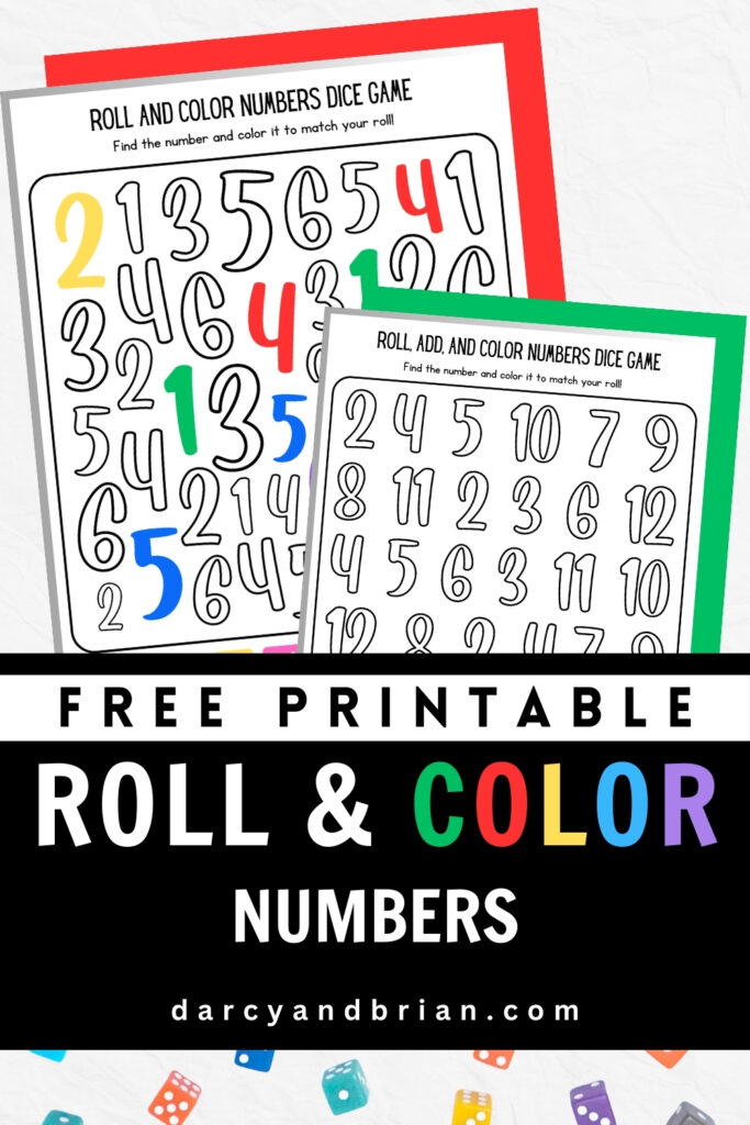Preview of two pages of roll and color numbers game. One has a few colored numbers on it.