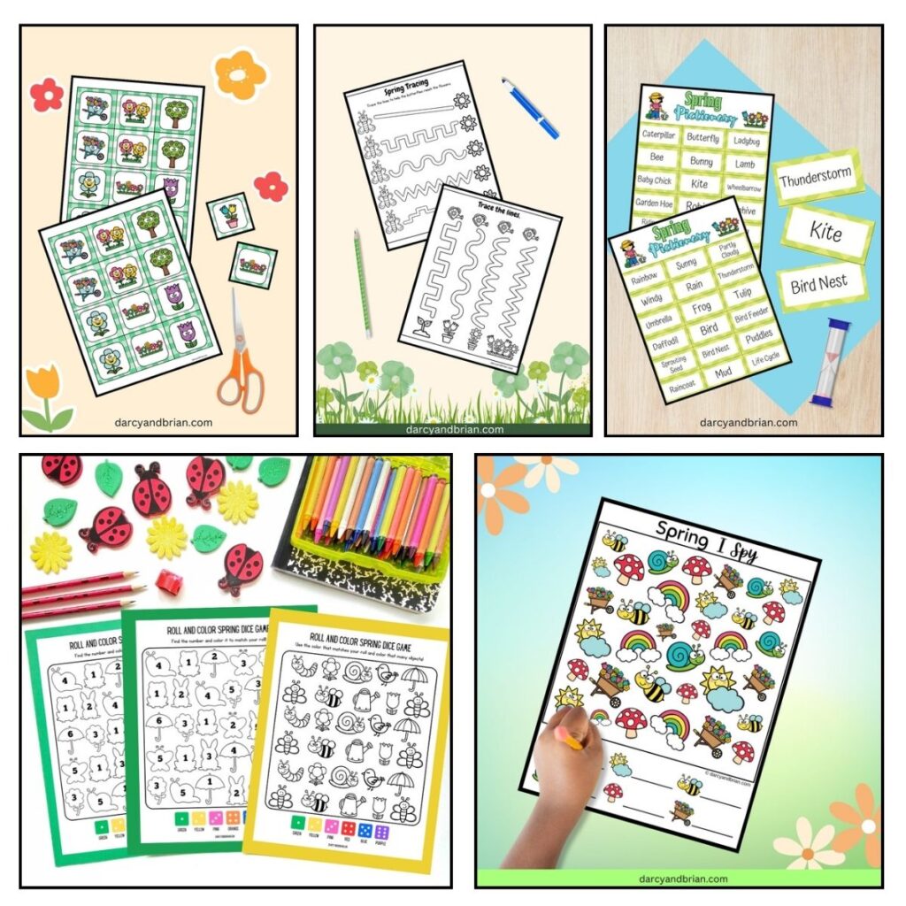 Square collage with a variety of spring themed printable activities for kids. Includes flower matching game, line tracing, drawing game, charades game, a dice game, and an I spy worksheet.