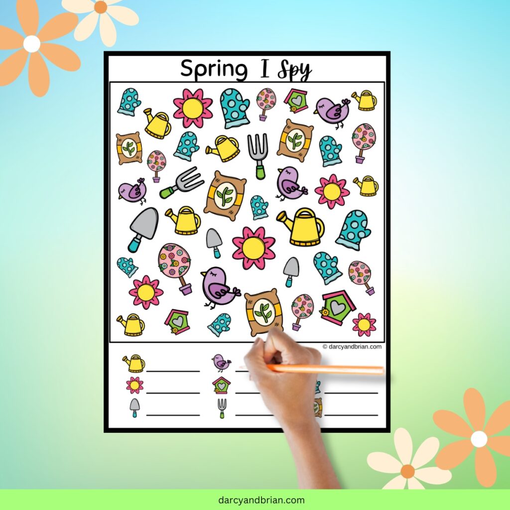 Find and count activity page with nine different spring themed objects. Includes flowers, birds, watering cans, seed packets, birdhouses, etc. Child's hand holding pencil over the page.