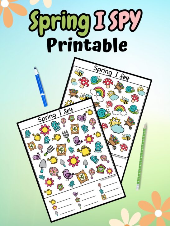 Preview of two colorful worksheets with flowers, birds, snails, etc. on it. Pencil and marker next to them. Text at top says Spring I Spy Printable. Simple spring background.