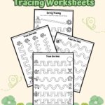 Preview of four pages with different paths for drawing lines between spring clipart. The pages overlap each other and are on a light orange background with green flowers.
