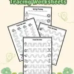 Preview of four pages with different paths for drawing lines between spring clipart. The pages overlap each other and are on a light orange background with green flowers.