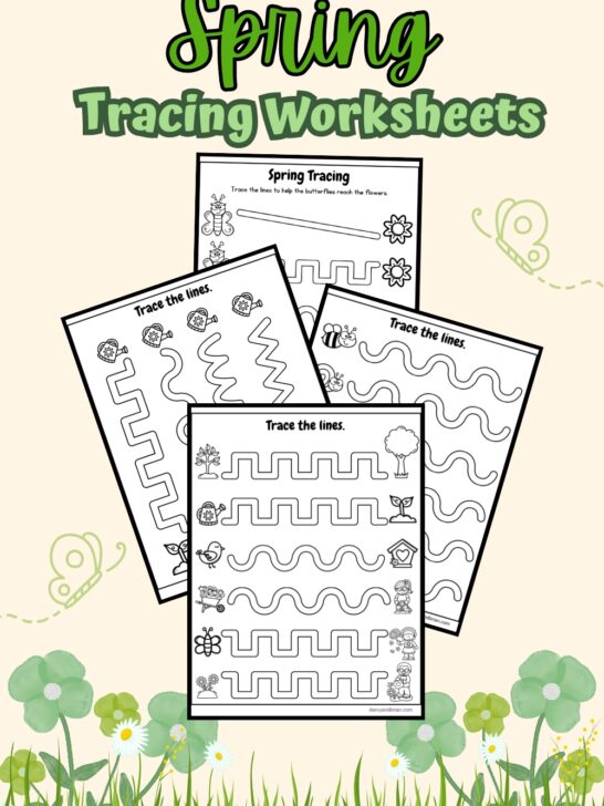 Preview of four pages with different paths for drawing lines between spring clipart. The pages overlap each other and are on a light orange background with green flowers.