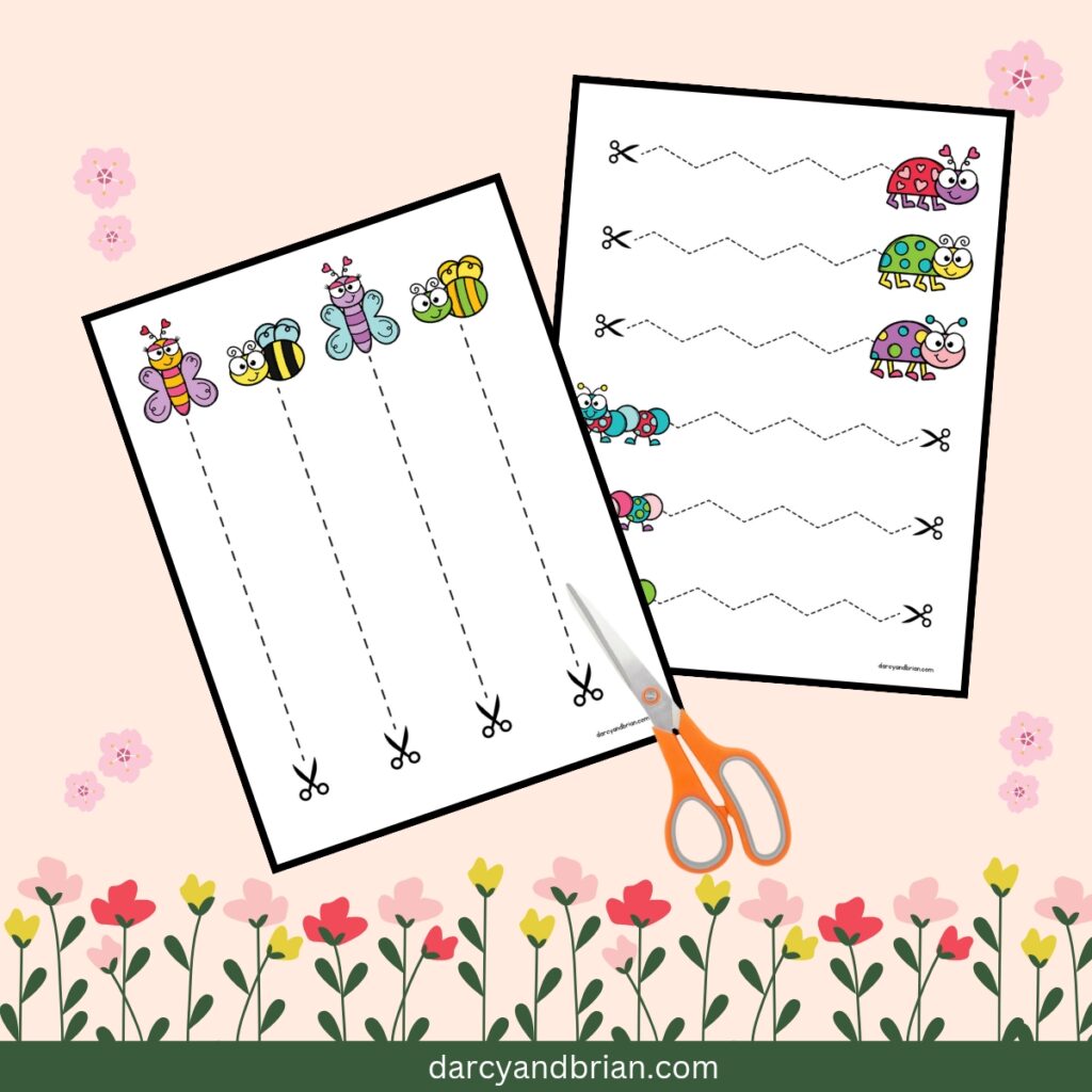 Preview of two pages. One has straight dashed lines leading from scissors to butterflies and bees. Another page has zigzag dashed lines leading to ladybugs and caterpillars.