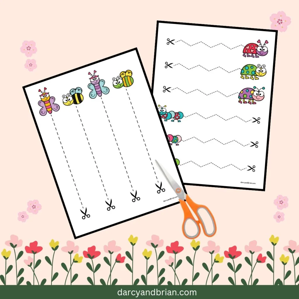 Preview of two pages. One has straight dashed lines leading from scissors to butterflies and bees. Another page has zigzag dashed lines leading to ladybugs and caterpillars.