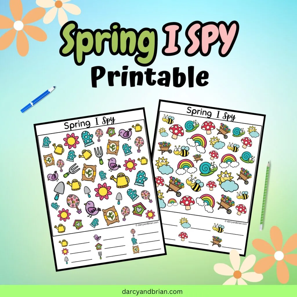 Both spring i spy worksheets next to each other on a blue and green background with flowers.