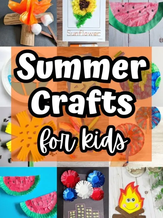 Twelve different crafts in a collage of summer-themed projects. Features campfires, watermelons, sunflowers, fireworks, and more.