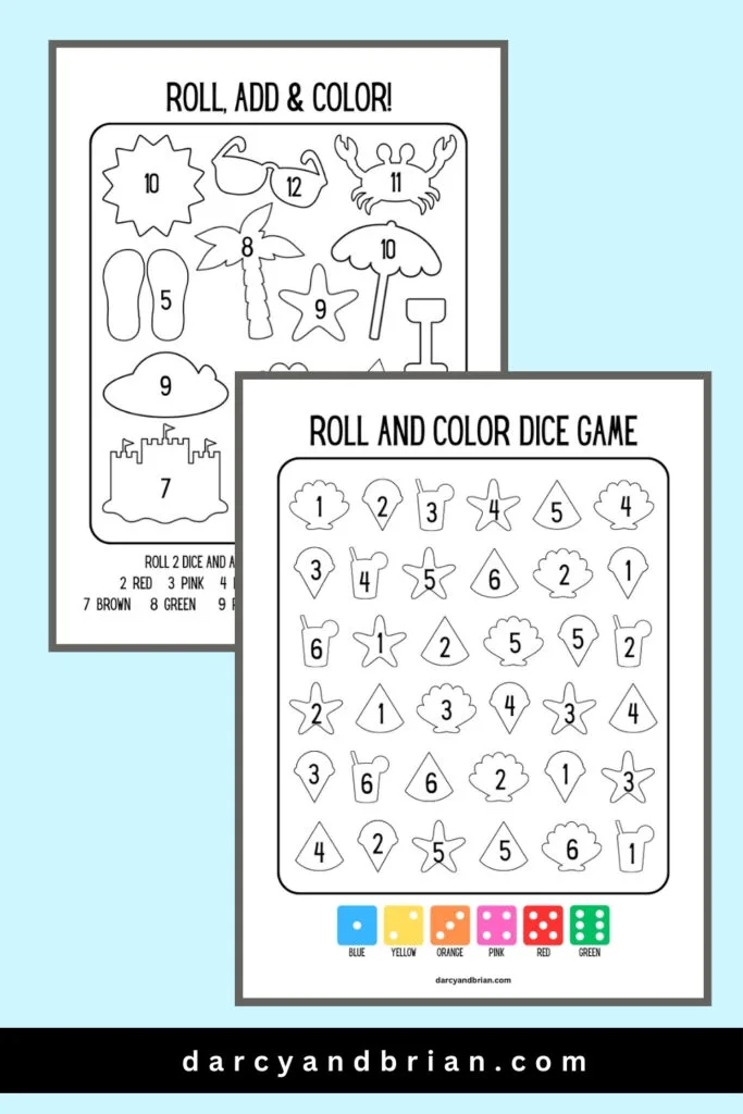 Two pages of printable dice game for kids overlapping on a blue background.