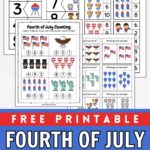 Mockup showing all the colorful patriotic themed math printables for preschoolers.