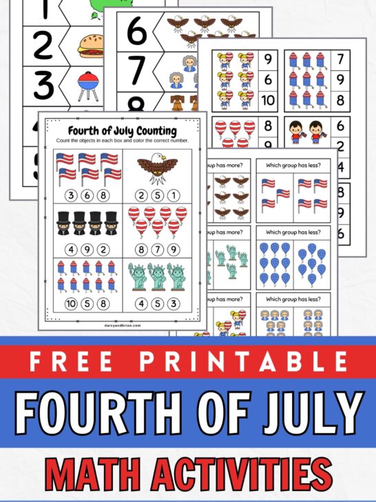 Mockup showing all the colorful patriotic themed math printables for preschoolers.