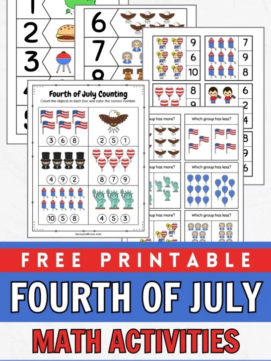 Mockup showing all the colorful patriotic themed math printables for preschoolers.