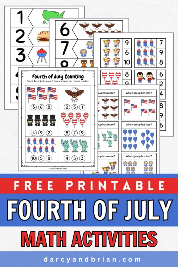 Mockup showing all the colorful patriotic themed math printables for preschoolers.
