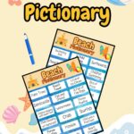 Preview of two pages of printable game cards with beach themed drawing prompts for kids. The background is the beach along the ocean.