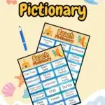 Preview of two pages of printable game cards with beach themed drawing prompts for kids. The background is the beach along the ocean.