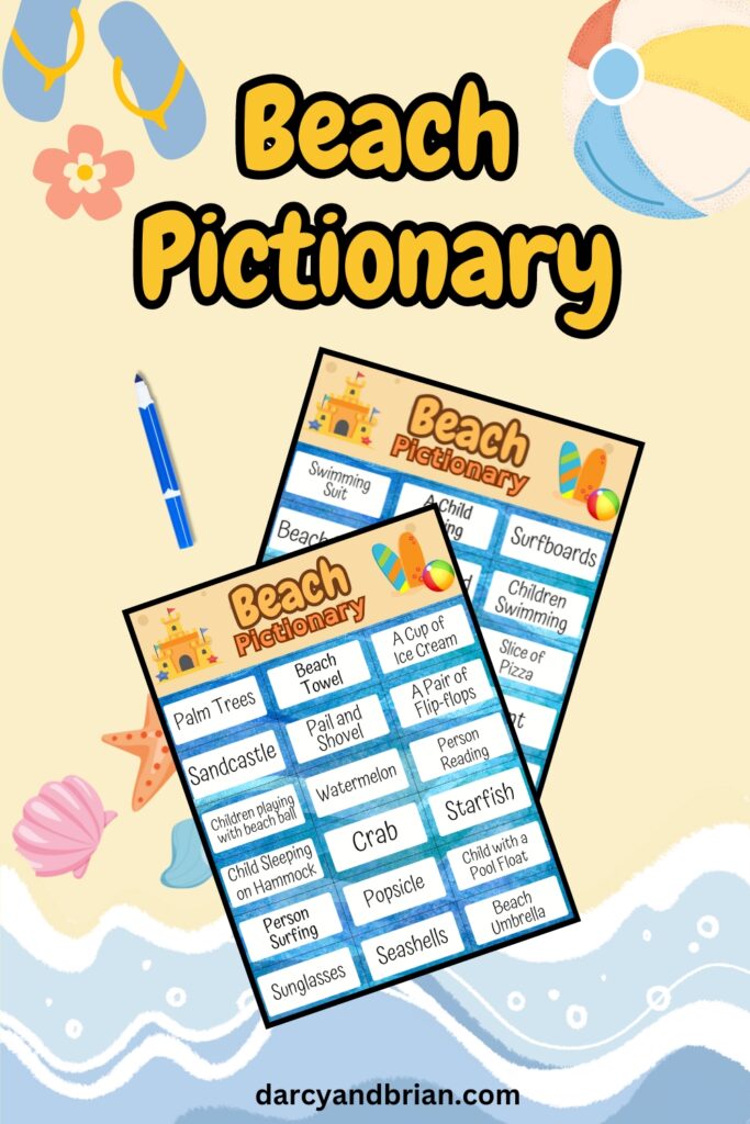 Preview of two pages of printable game cards with beach themed drawing prompts for kids. The background is the beach along the ocean.
