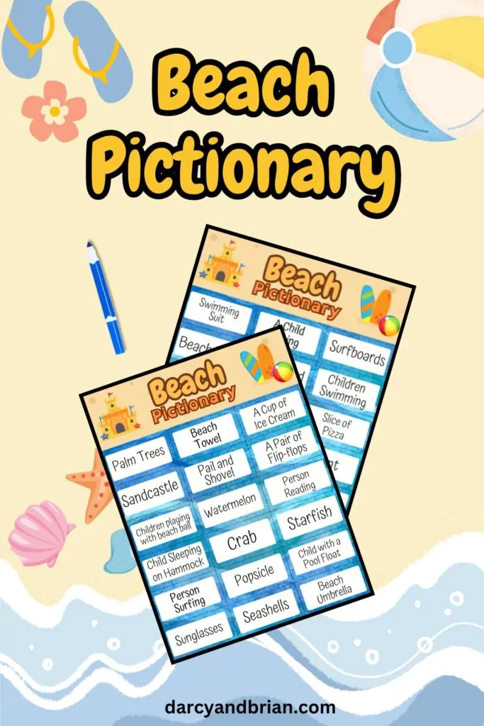 Preview of two pages of printable game cards with beach themed drawing prompts for kids. The background is the beach along the ocean.