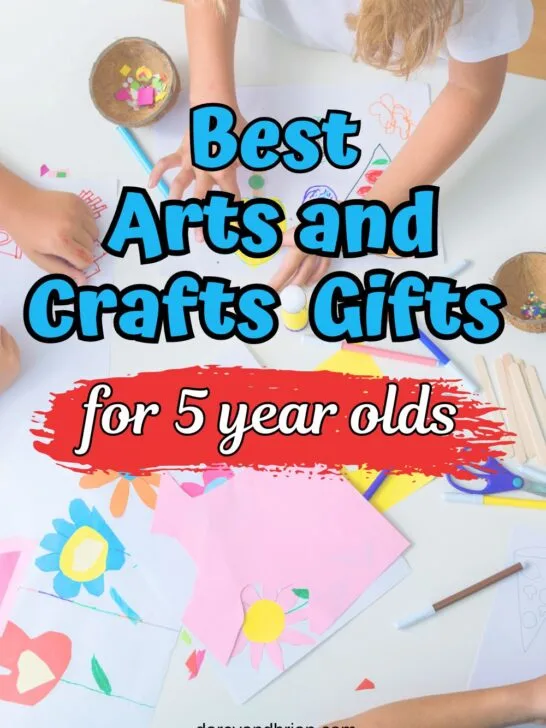 Blue and white text says Best Arts and Crafts Gifts for 5 year olds over a photo of a child's hands cutting and gluing pieces of paper to make flowers.