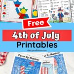Collage image showing a few different worksheets and activity pages about the Fourth of July.