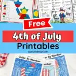 Collage image showing a few different worksheets and activity pages about the Fourth of July.
