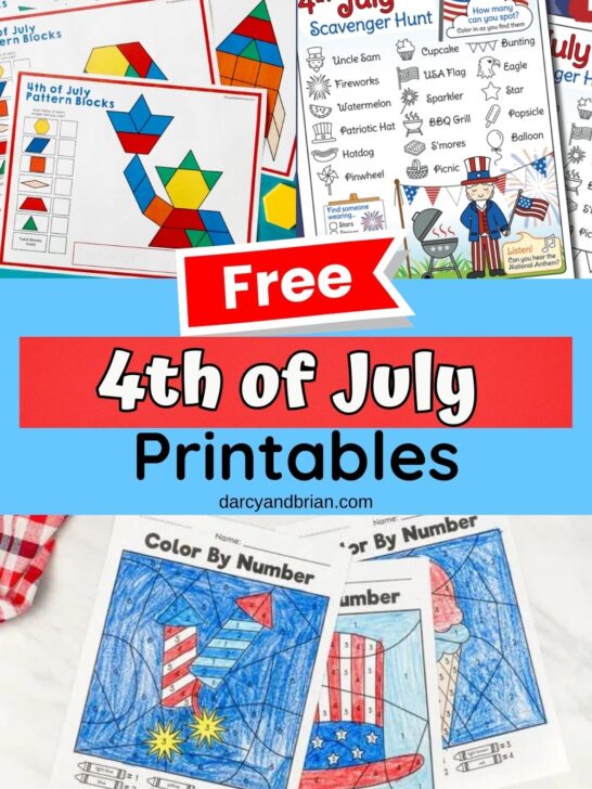 Collage image showing a few different worksheets and activity pages about the Fourth of July.